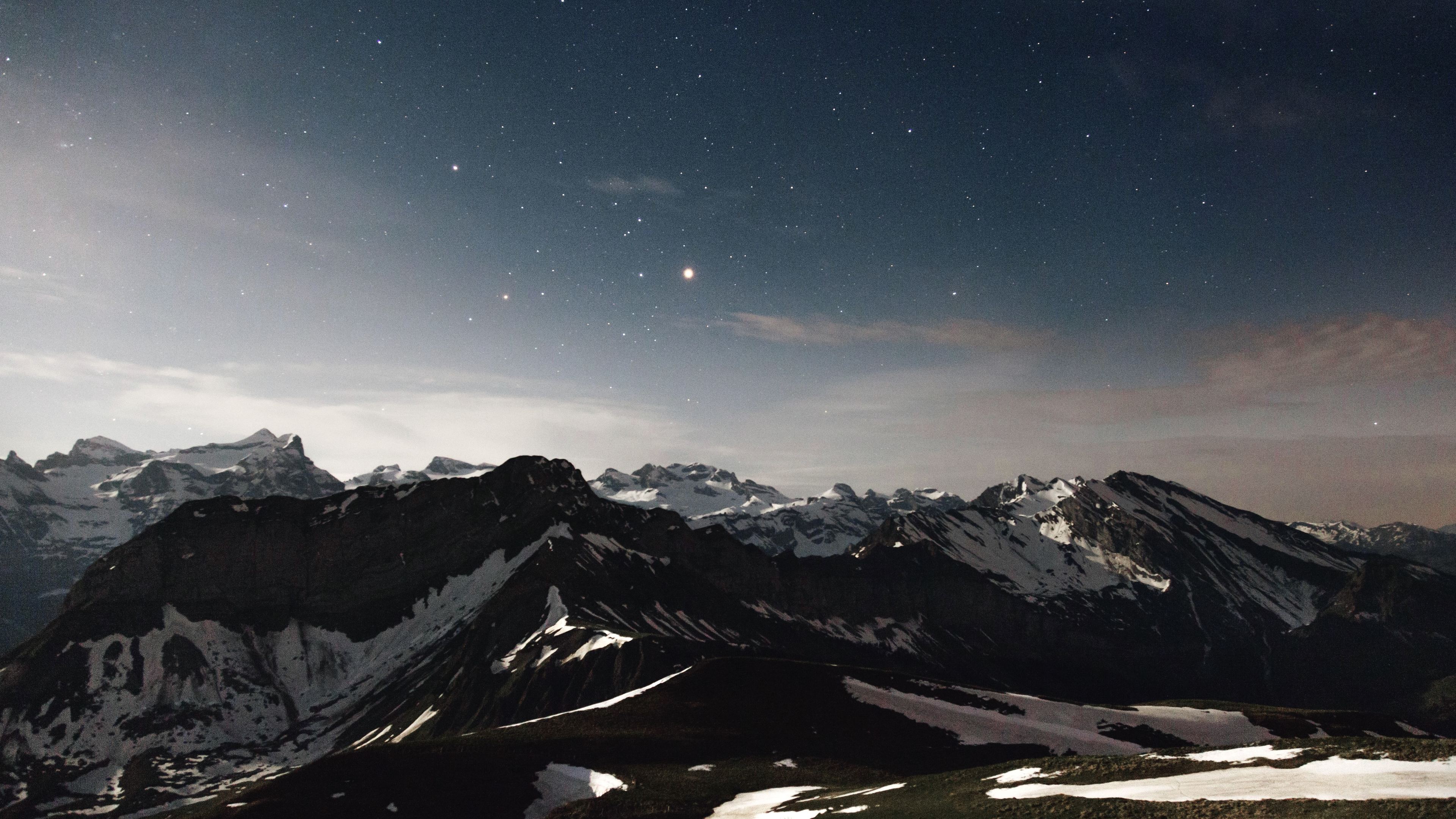 4K Starry Sky Above Snow Covered Mountains Wallpapers