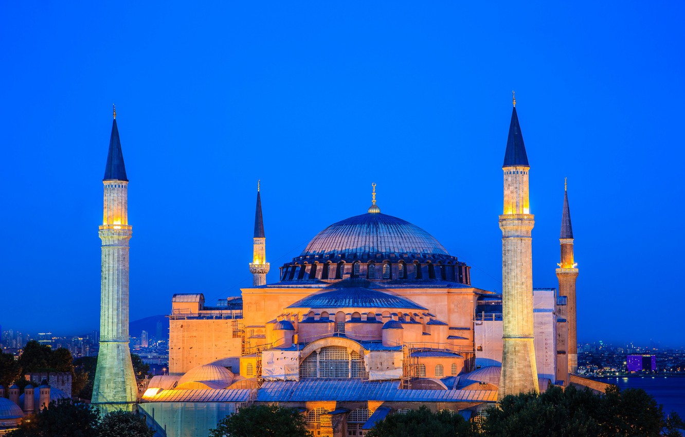 1332X850 Wallpaper night, lights, Istanbul, Turkey, Hagia Sophia images for...