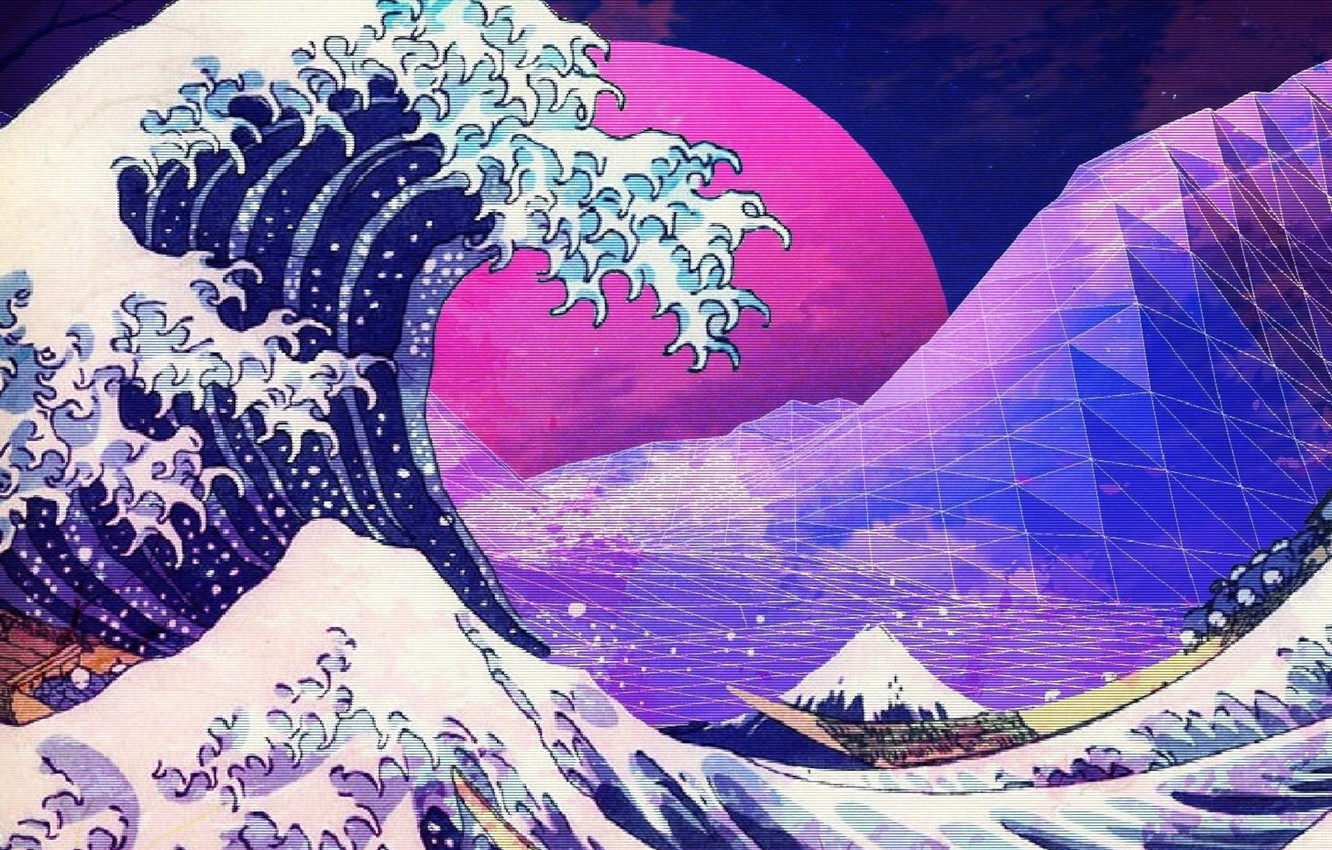 1332X850 Wallpaper purple, aeshtetic, vaporwave, kanagawa great wave, the g...